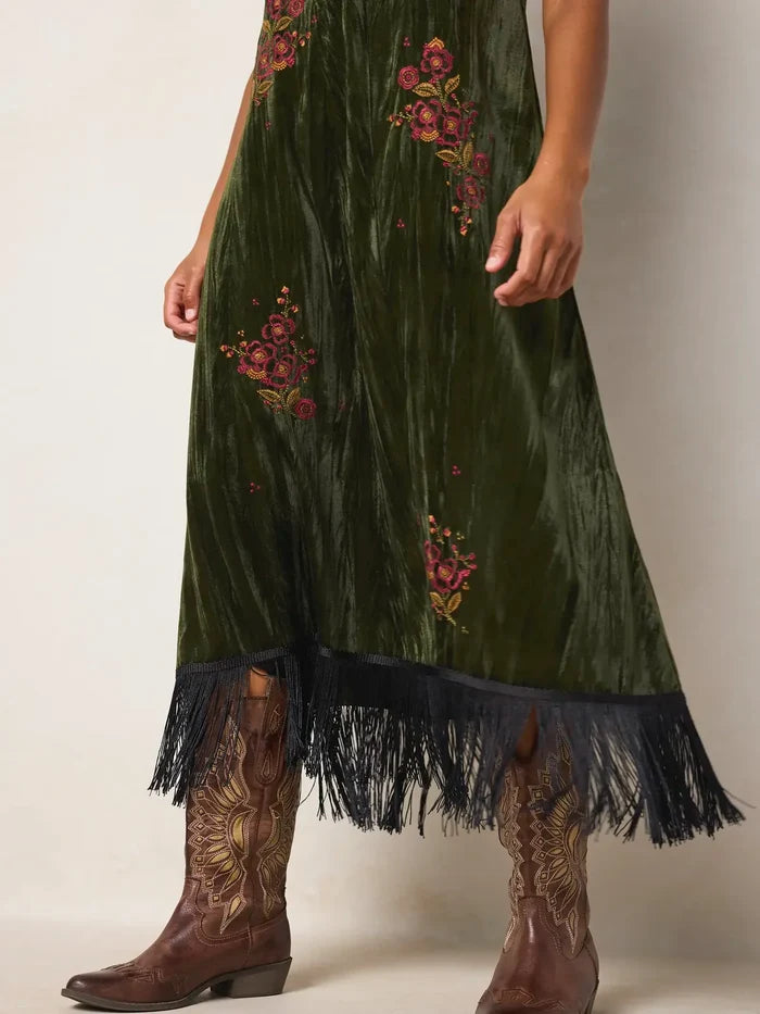 Gracie Embroidered Velvet Slip Maxi Dress - Olive Stitched Garden-view 8