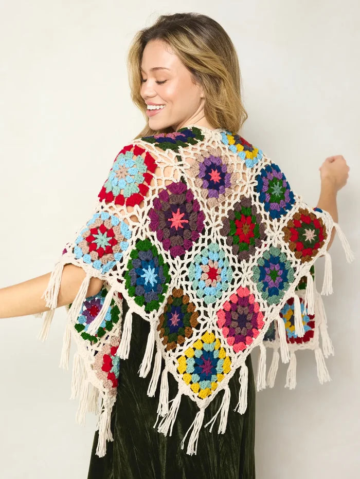 Granny Square Crochet Shawl - Dark Multi-view 1