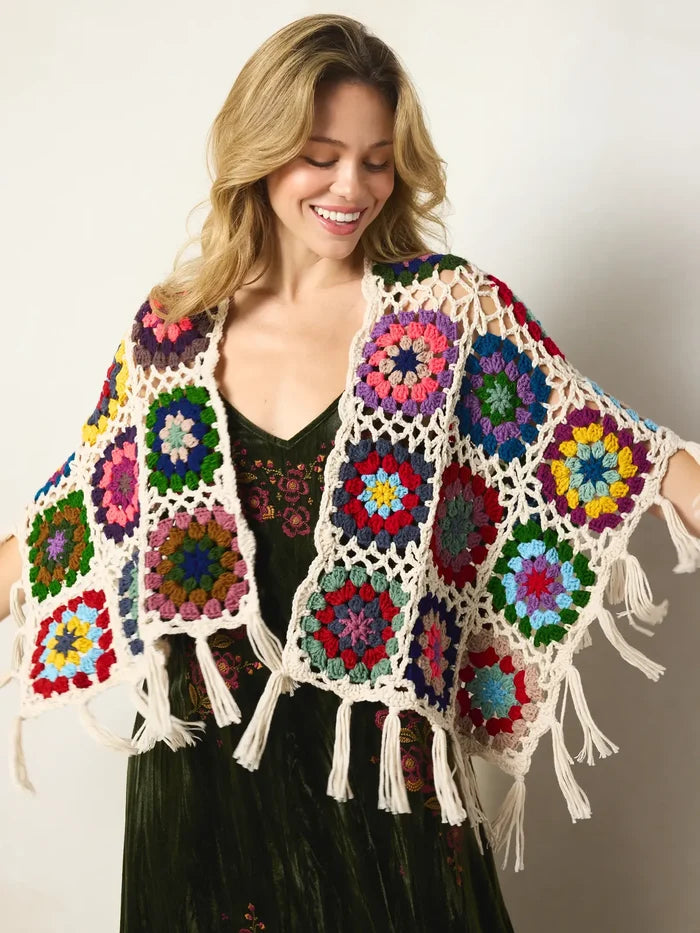 Granny Square Crochet Shawl - Dark Multi-view 2