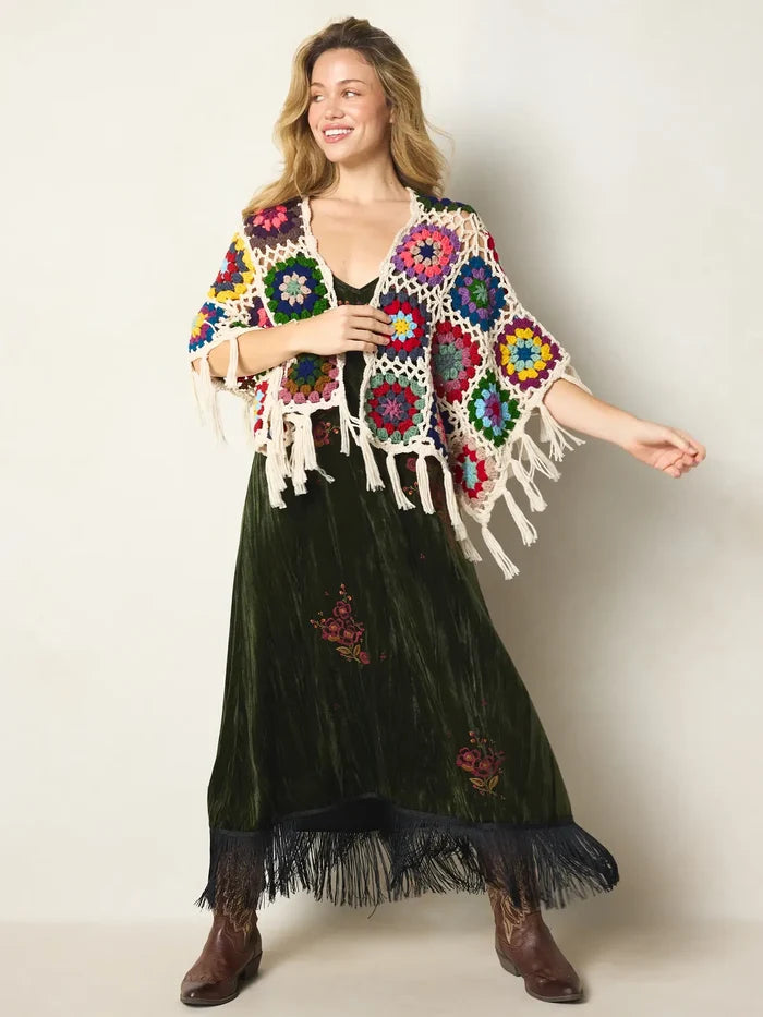 Granny Square Crochet Shawl - Dark Multi-view 3