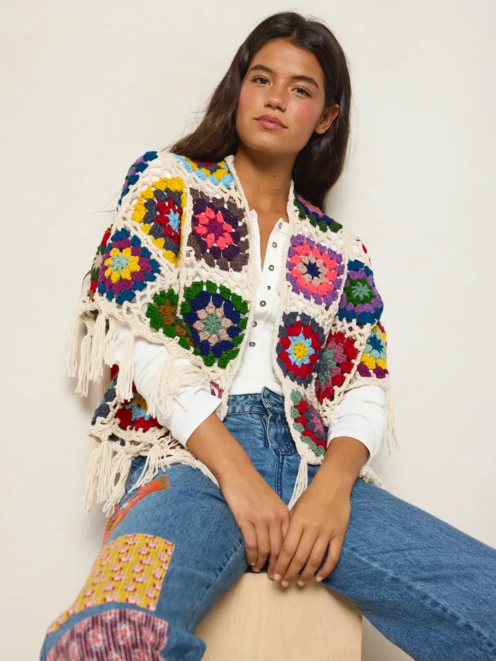 Granny Square Crochet Shawl - Dark Multi-view 4