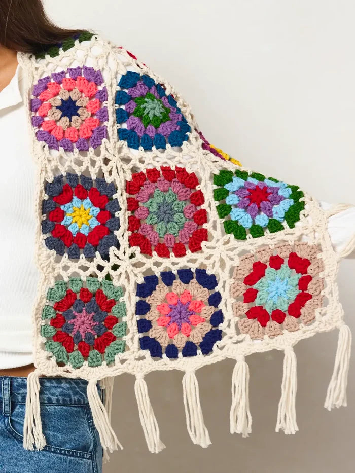 Granny Square Crochet Shawl - Dark Multi-view 5