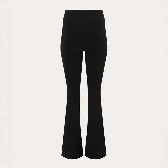 Black flared pants shown on a headless mannequin against a light beige background.
