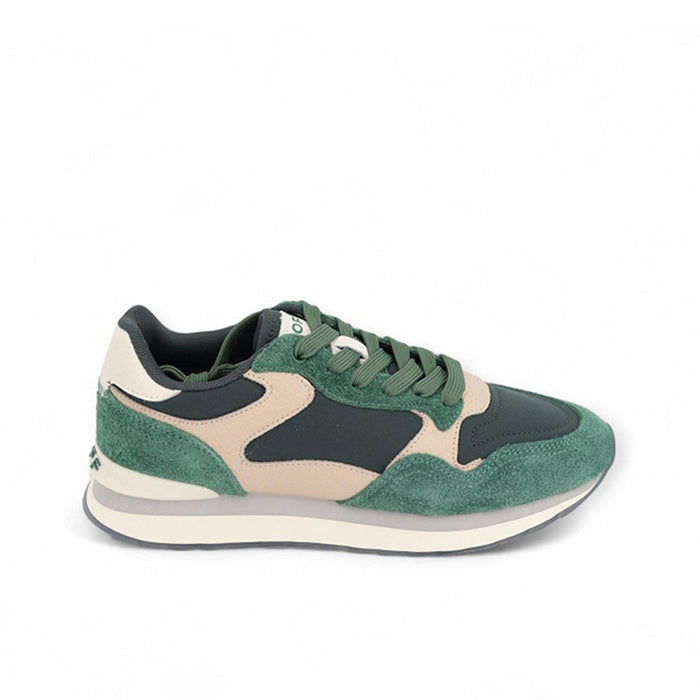 Green suede and leather sneakers with lace-up front and off-white sole