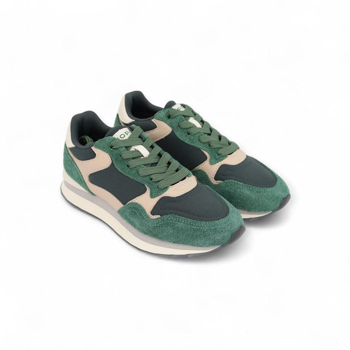 Green and beige sneakers with black panels, lace-up design and off-white midsole