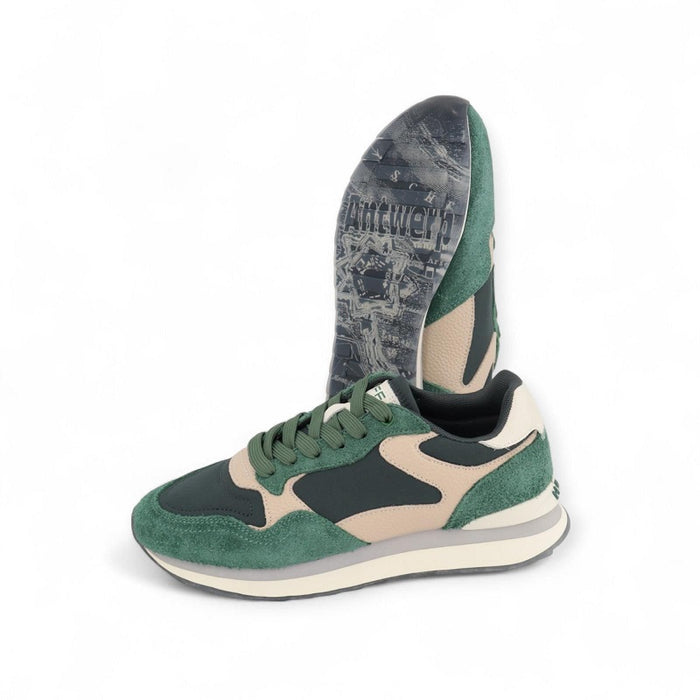 Green and beige lace-up sneakers with dark toe panel and off-white sole