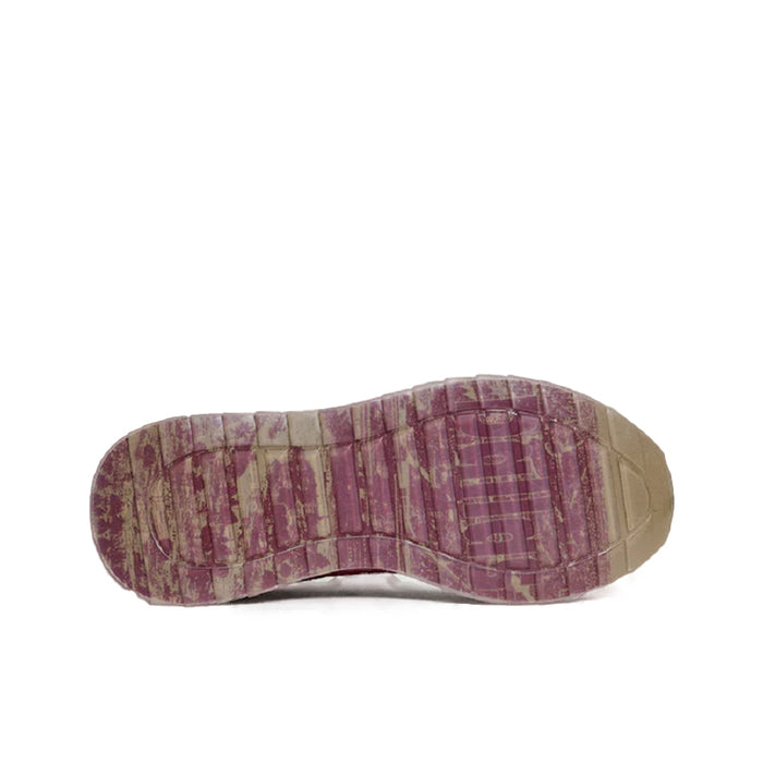 Shoe outsole view of burgundy sneakers with textured tread and off-white edge