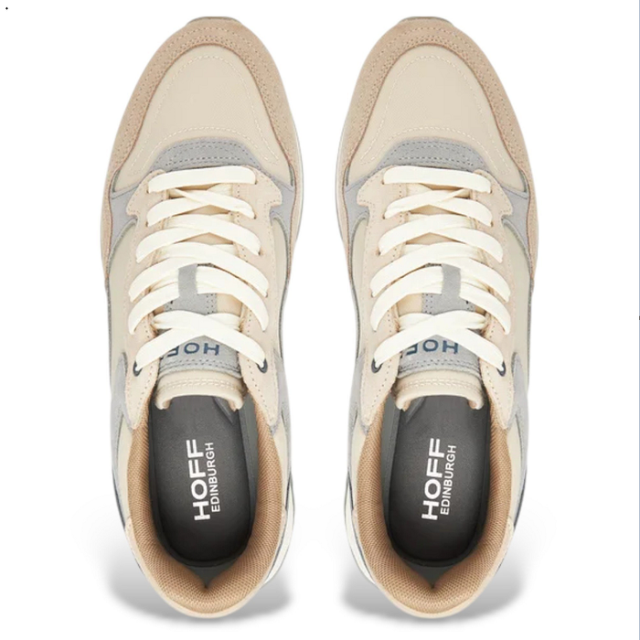 Men's sneakers front view, beige and blue leather, white laces, logo on tongue