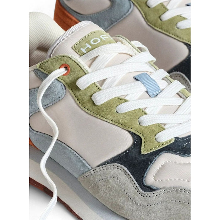 Men's HOFF sneakers close-up, olive and gray leather, white laces