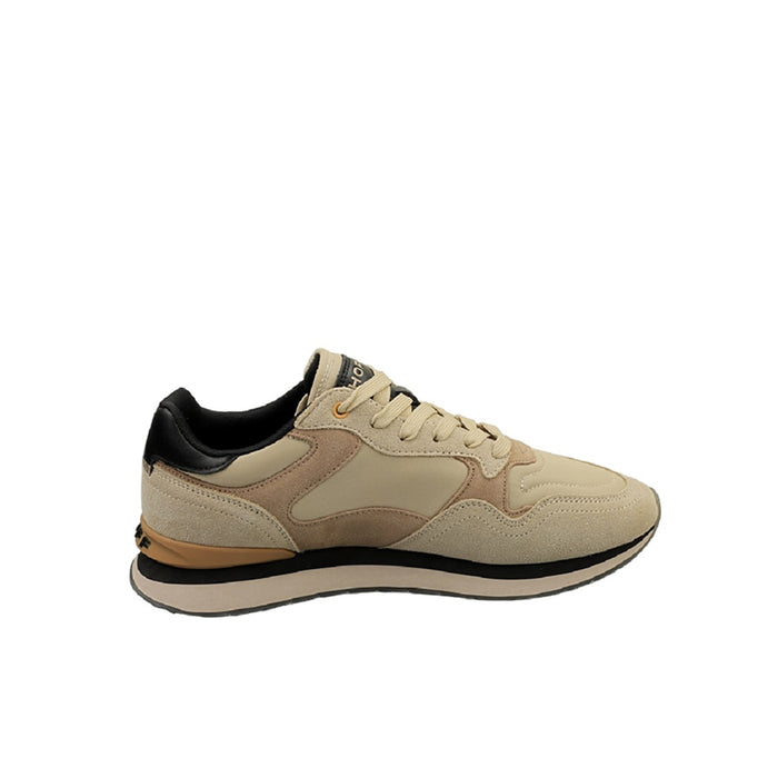 Men's beige leather sneakers with black lining and lace-up front