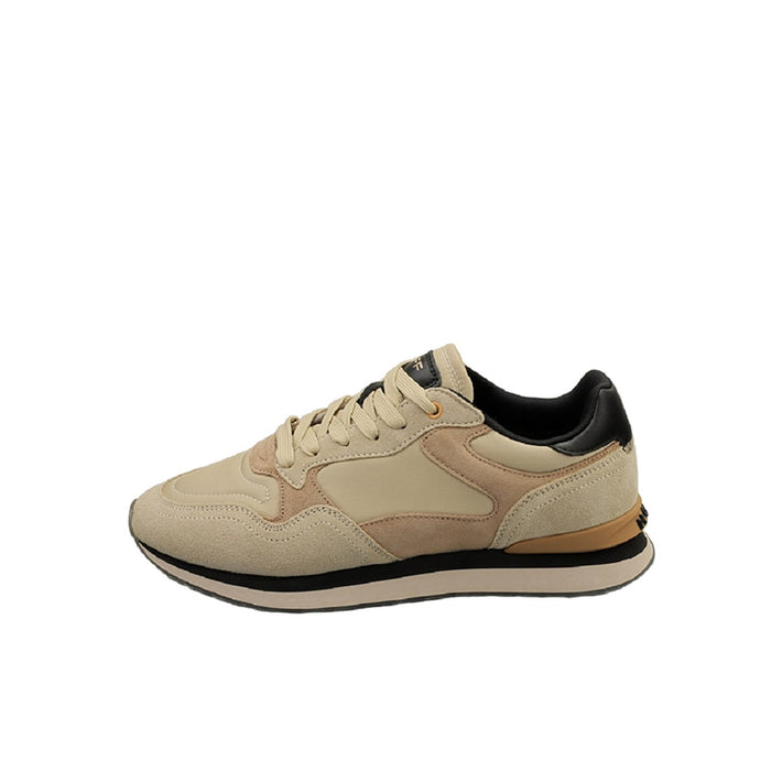 Men's beige leather sneakers, side view, with black collar and lace-up