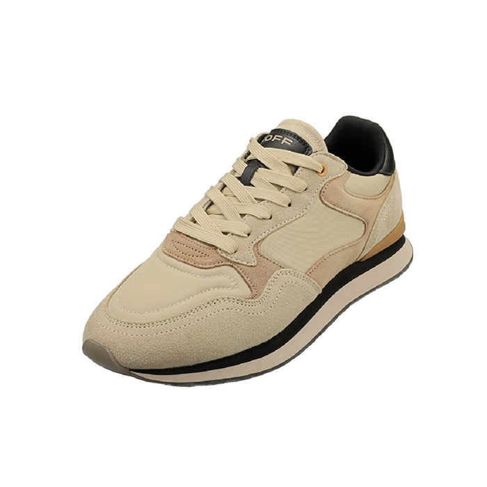 Men's beige sneakers with lace-up front and black heel lining