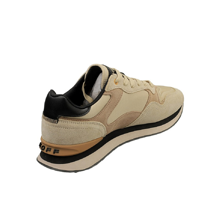 Men's beige sneakers, rear view, with black heel collar and lace closure