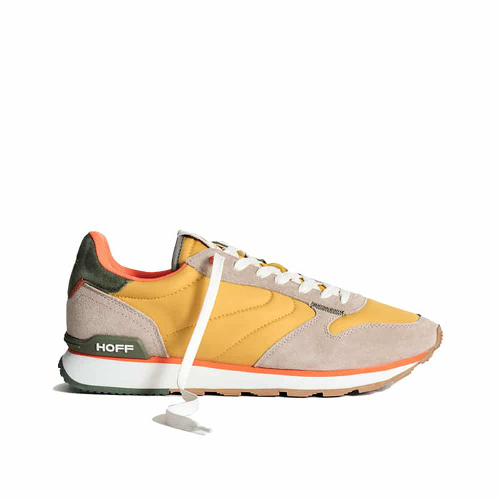 Men's multicolor casual sneakers with orange, grey, and dark green suede panels