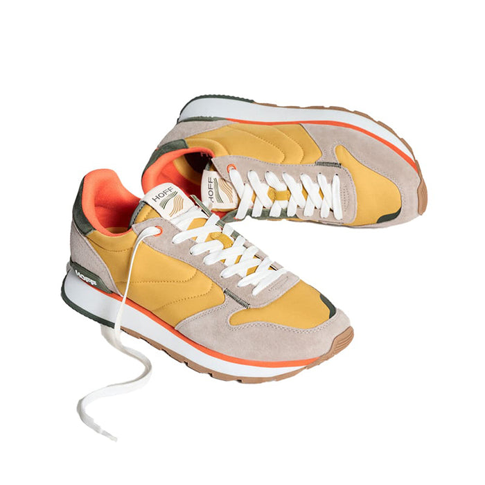 Men's multicolor lace-up sneakers with orange lining and grey suede side panels