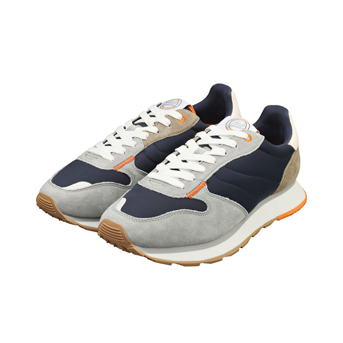 Men's low-top sneakers, navy and gray suede, white laces, tan rubber sole, orange details