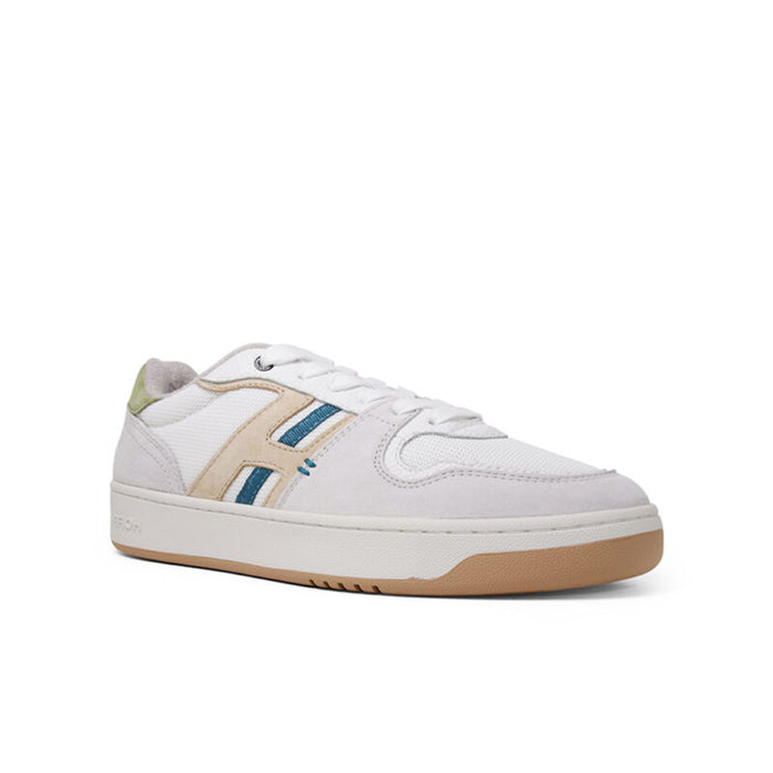 Men's leather sneakers with blue stripes and tan gum sole, grey upper