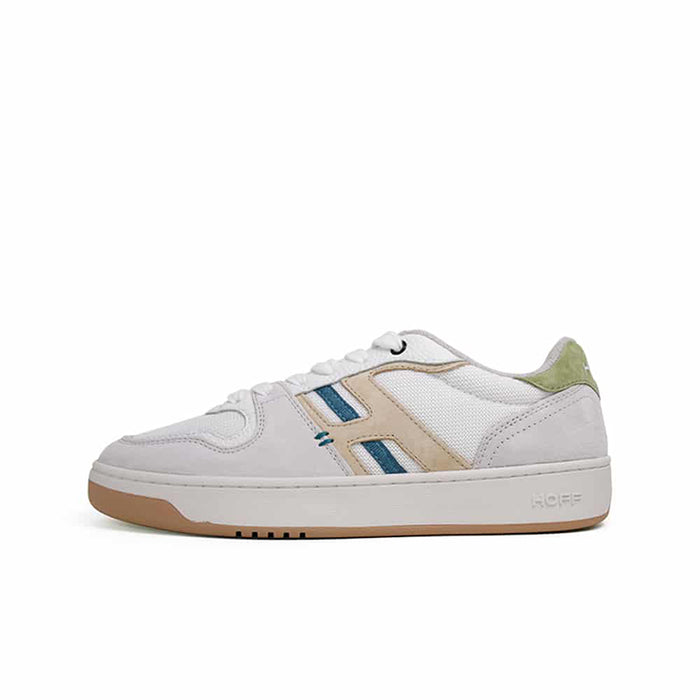 Men's leather sneakers, white upper with blue stripe accents and tan gum sole