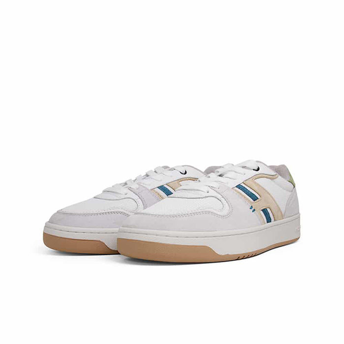 Men's leather sneakers front view, white upper with blue stripes and tan gum sole