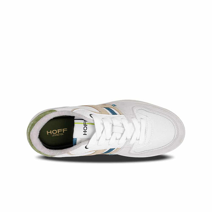 Men's leather sneaker with green-lined collar and white upper, tan gum sole