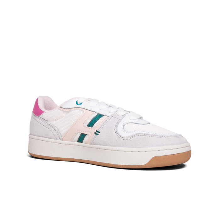 Women’s leather sneakers, white with teal stripes, pink heel, gum sole