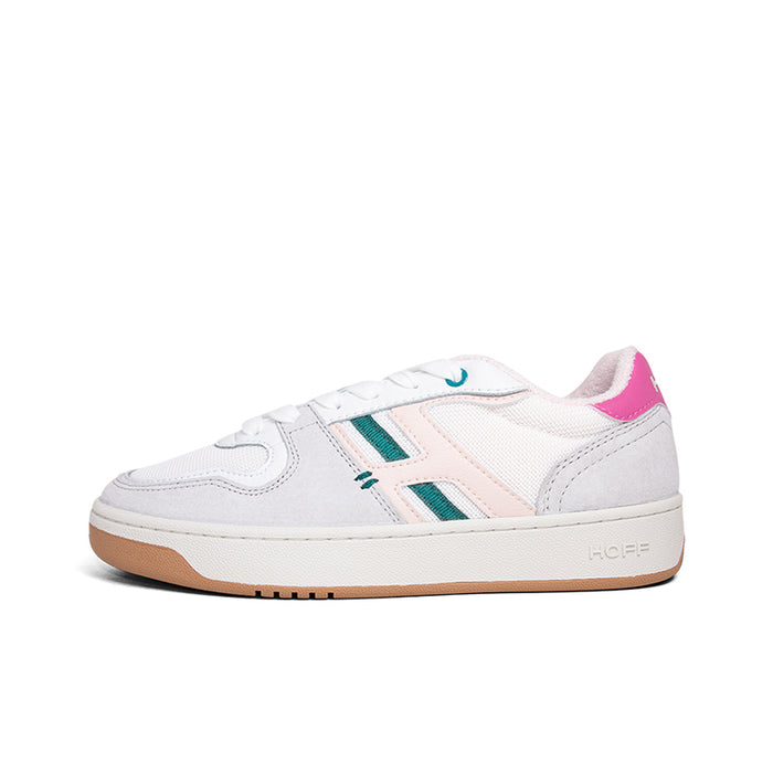 Women’s leather sneakers, side view, white with teal accents, pink collar, gum sole