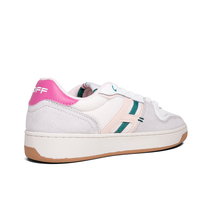 Women’s leather sneakers, heel view, white upper with pink lining, gum sole