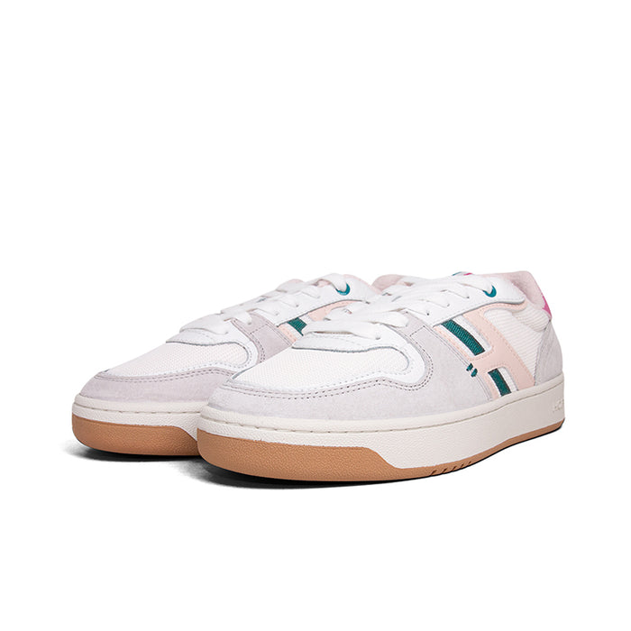 Women’s leather sneakers, pair view, white with teal stripes and pink accents, gum sole