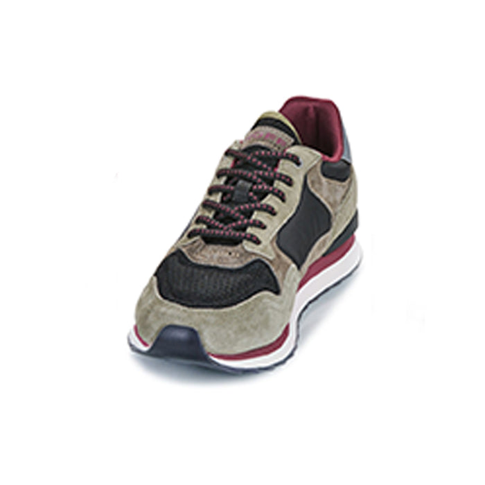 Men's leather sneakers, side view with beige and navy uppers, burgundy heel and red stripe