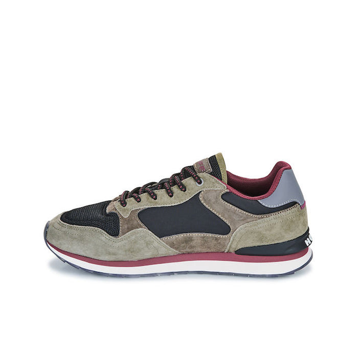 Men's low-top leather sneakers, angled view with beige suede and navy panels, burgundy trim