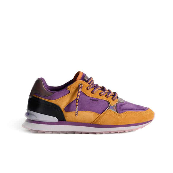 Purple and orange women’s outdoor sneakers with lace-up front and cushioned sole