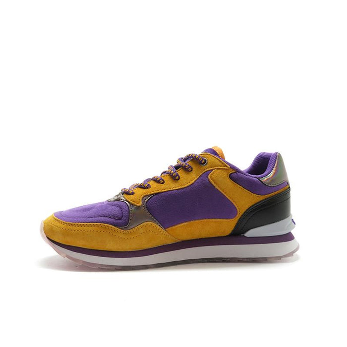 Orange and purple women’s outdoor sneakers, lace-up style with side panels and runner sole