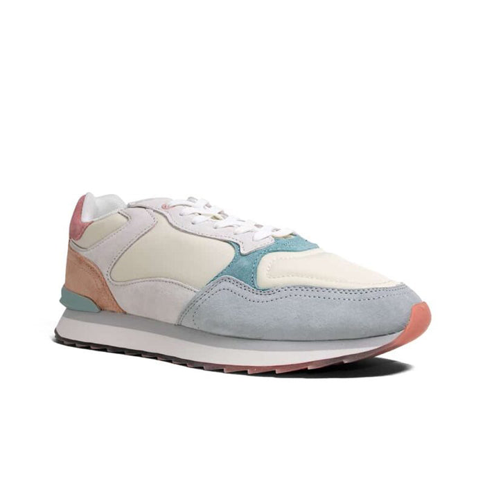Women’s leather sneakers, cream with light blue and tan panels, lace-up