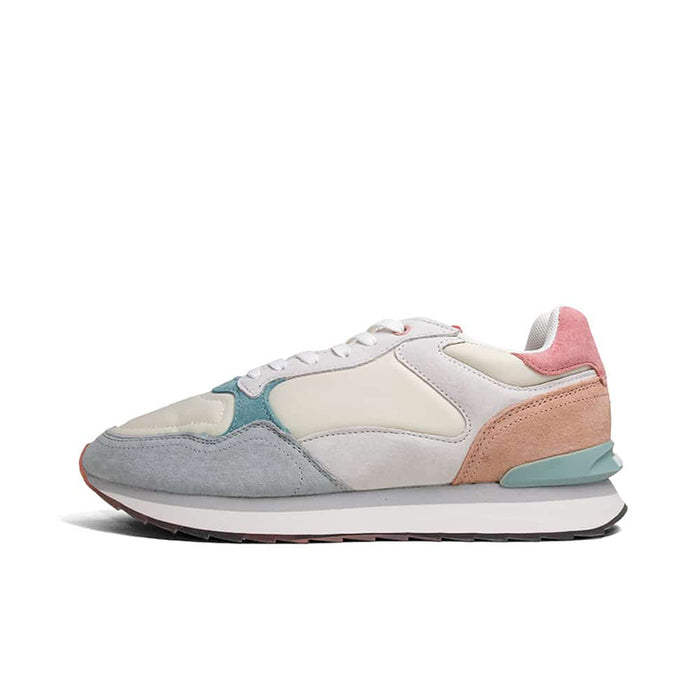 Women’s leather sneakers, cream upper with light gray, blue, and tan accents, lace-up