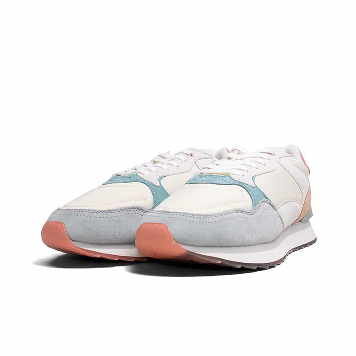 Women’s leather sneakers, white and light blue with coral-orange heel, lace-up