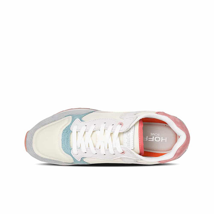 Women’s leather sneakers, cream with blue side panel and pink collar, lace-up