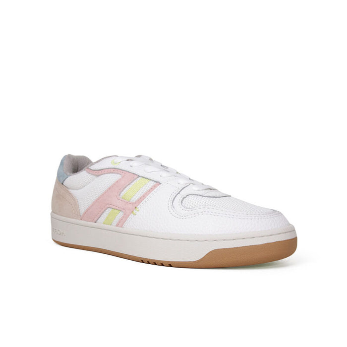 Women’s leather sneakers in white with multicolor stripes and gum sole