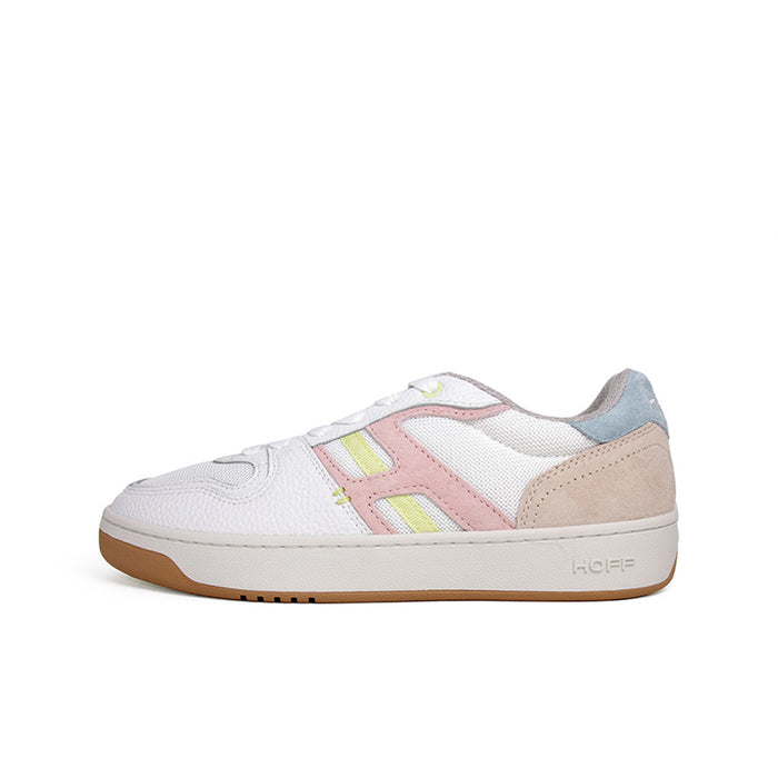 Women’s leather sneakers, white with pastel panels and gum rubber sole
