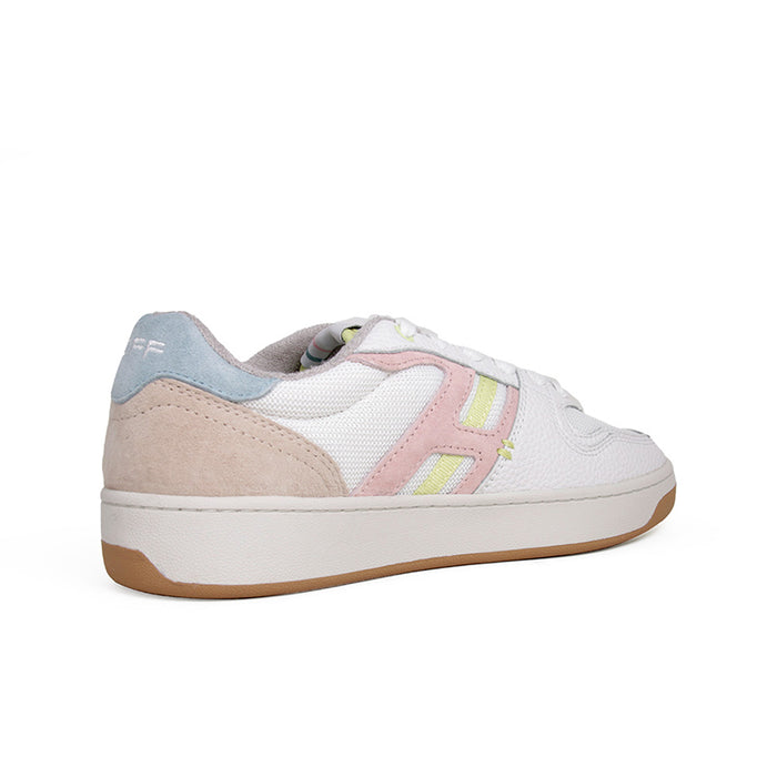 Women’s leather sneakers, white with beige and blue panels, gum sole