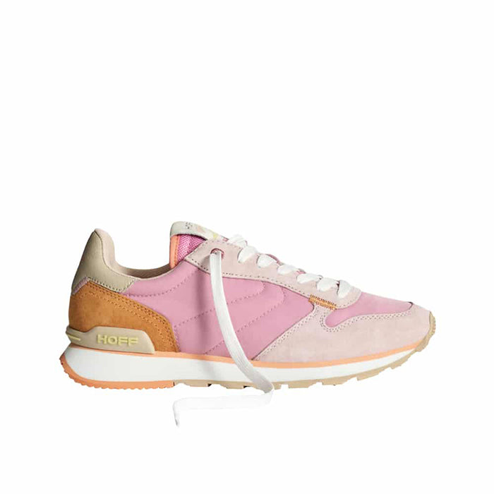 Women’s track sneakers in pink with white laces, tan-orange heel and white sole