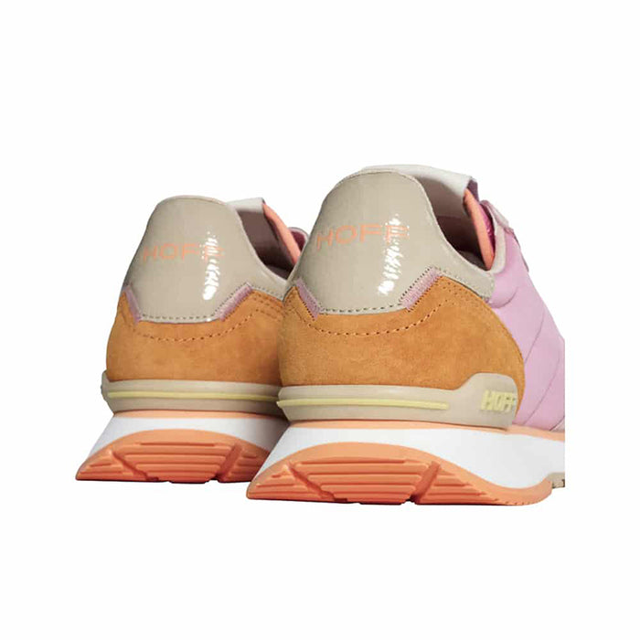 Women’s sneakers, rear view: pink uppers with tan heel panels and white outsole