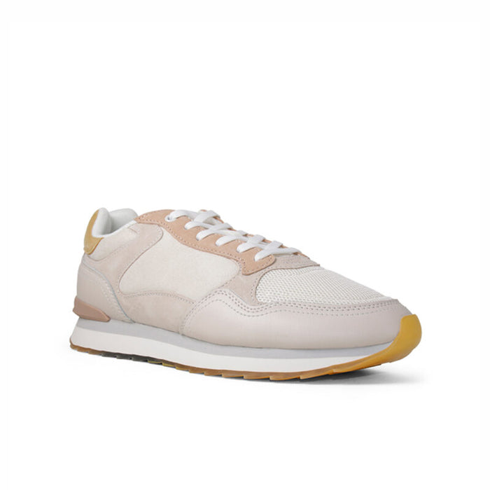 Beige women's casual leather sneakers with white laces and gum sole