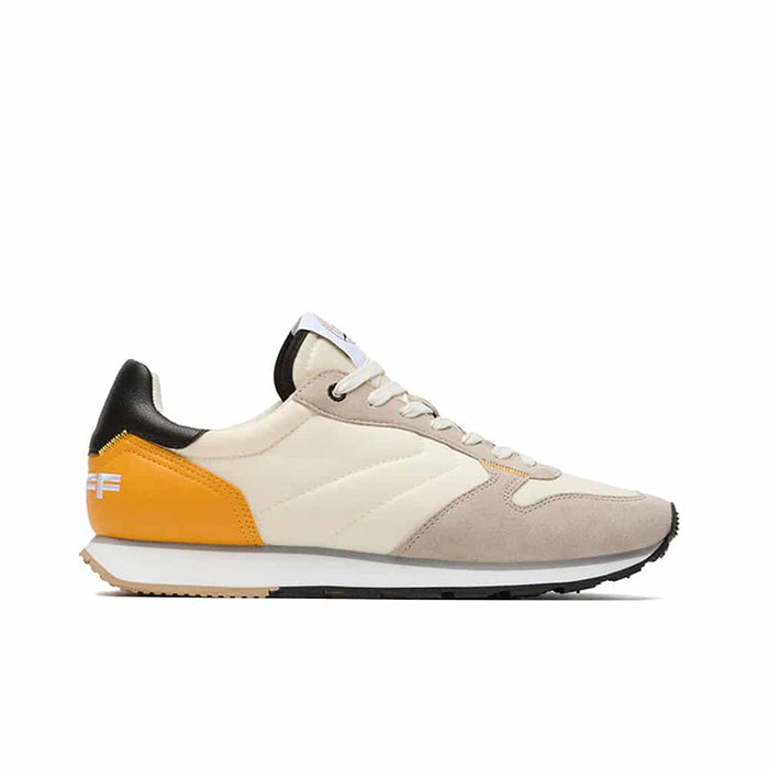 Men's leather sneakers, cream upper with orange side panel and black heel, lace-up design