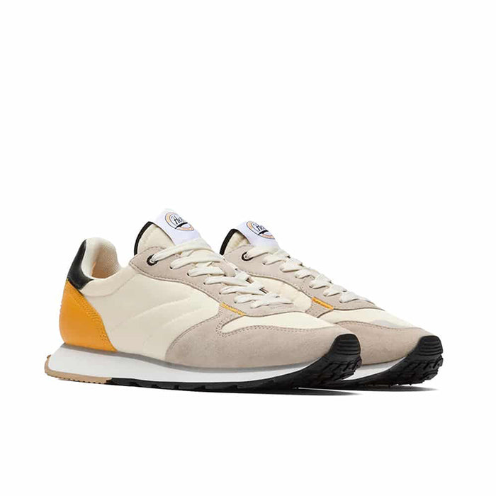 Men's leather sneakers, cream and beige with orange side accents and black sole, lace-up
