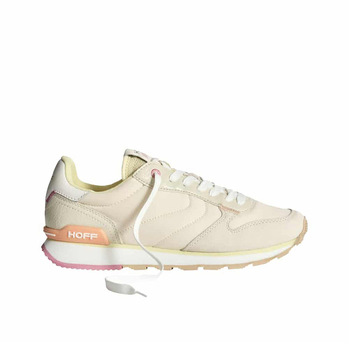 Beige women's lace-up sneakers with padded collar and chunky runner sole