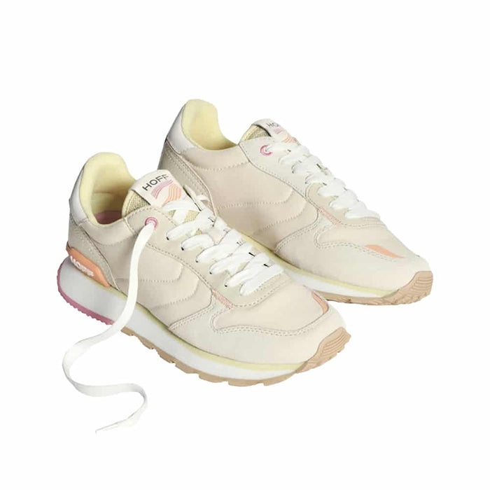 Beige women's lace-up sneakers with cushioned heels and pink outsole