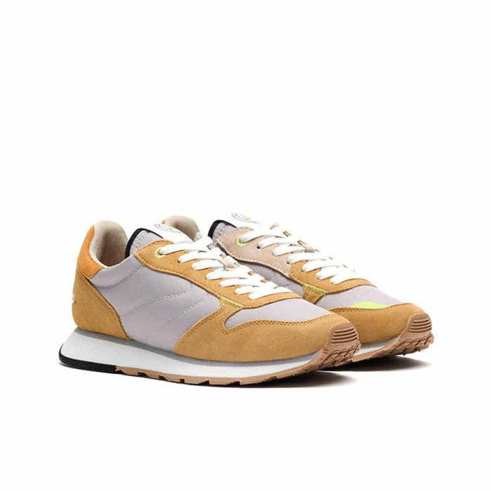 Women's Hoff sneakers, front view: tan and light gray uppers with white laces