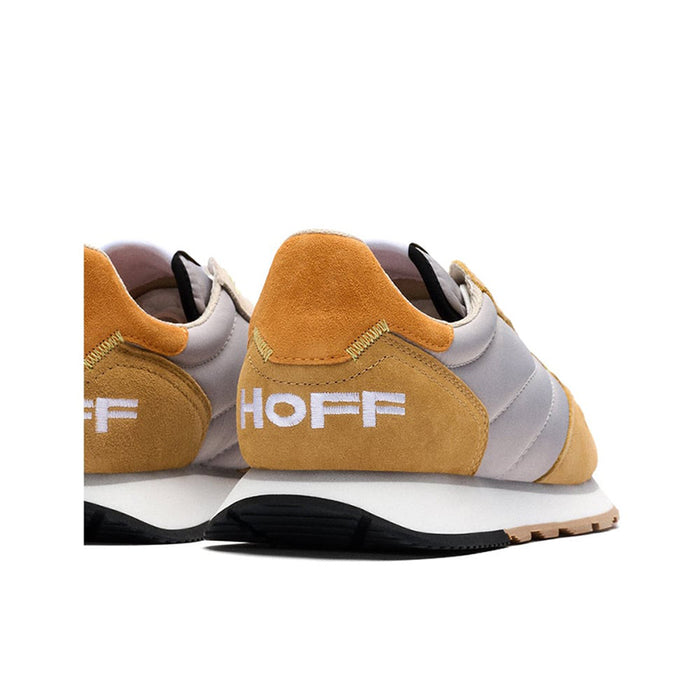 Women's Hoff sneakers, heel and side view with HOFF logo and tan suede