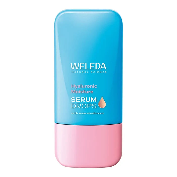 Weleda Hyaluronic Moisture Serum Drops in a blue and pink squeeze bottle, shown on a solid white background.