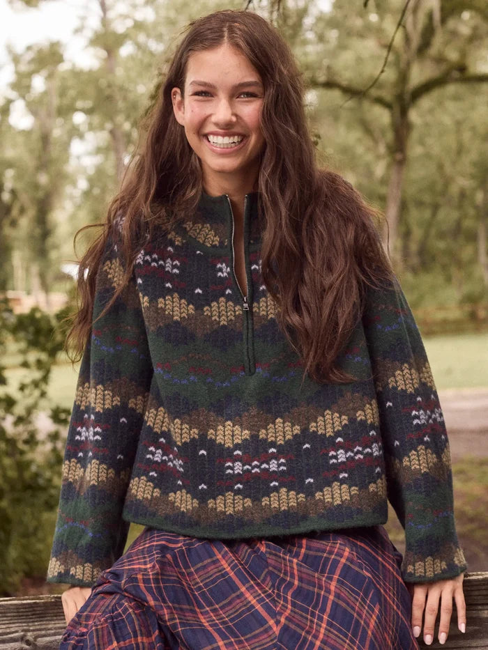 Intarsia Half-Zip Pullover - Green Stripe-view 1